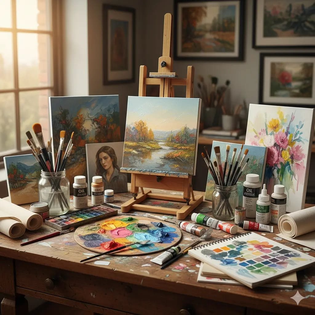 A cozy art studio workspace with a wooden easel holding a landscape painting, surrounded by colorful paintings, paintbrushes in jars, oil paint tubes, palettes, sketchbooks, and art supplies on a rustic wooden table, lit by soft natural light from a window.